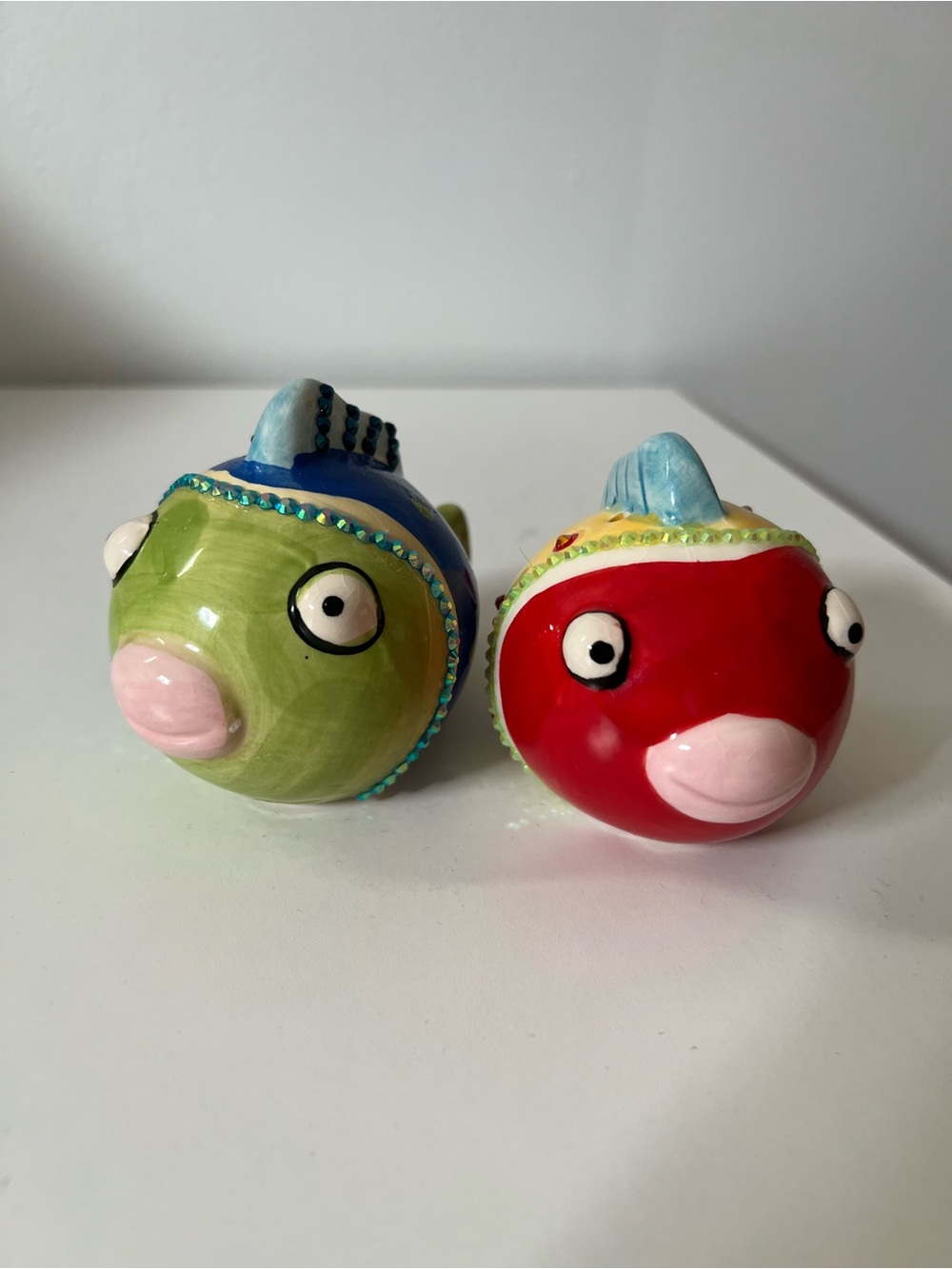 Handcrafted Ceramic Fish Salt & Pepper Shakers - Red & Green